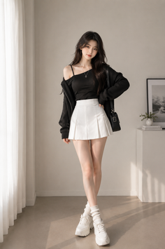 Woman with long dark hair wearing a black top and white pleated skirt indoors