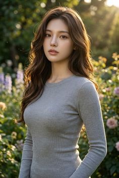 Woman with long hair in a grey top in a sunlit garden