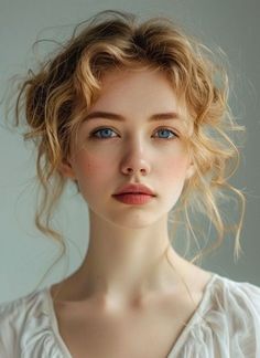 Close-up portrait of a young woman with blonde curly hair and blue eyes