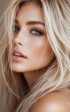 Close up portrait of a woman with blonde hair and blue eyes