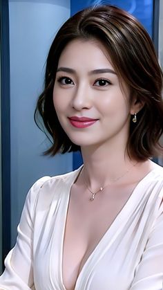 Woman with short hair in a white dress with a deep V-neckline