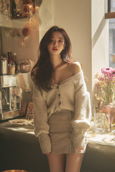 Woman in a cardigan and mini skirt standing by a window with soft lighting