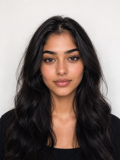 Woman with long black hair and brown eyes against a white background