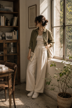 Woman in a green shirt and white pants standing by a window indoors