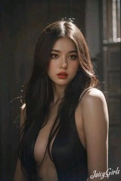 Woman with long dark hair and red lipstick in a black top with deep cleavage