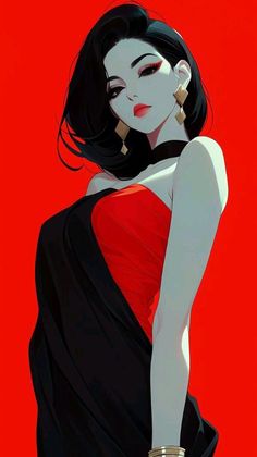 Illustration of a woman with black hair and red lipstick against a red background