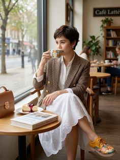 Woman with short hair drinking coffee in a cafe with a slice of cheesecake on the table