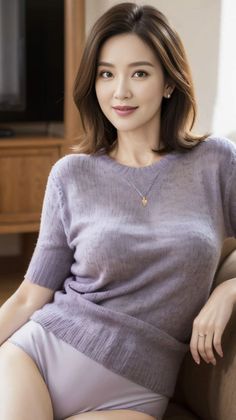 Woman in a purple sweater and underwear with soft lighting indoors
