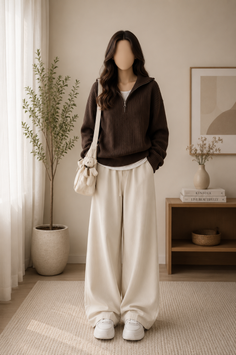 Woman in a brown sweater and wide leg pants standing in a minimalist room