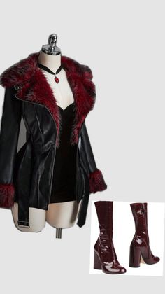 Leather jacket with red fur trim and high heel boots on a mannequin