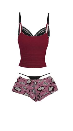 Red camisole with black lace, pink Hello Kitty shorts, and black thong underwear
