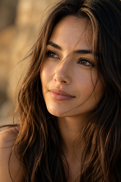 Woman with long dark hair in soft golden hour lighting