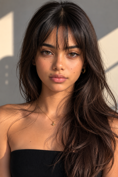 Woman with long dark hair and freckles in soft golden hour lighting
