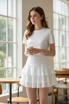 Woman in a white t-shirt and tiered skirt holding a coffee cup indoors
