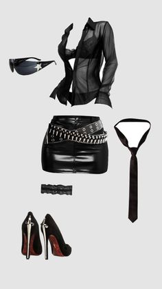 Collection of black clothing and accessories including a sheer shirt and leather skirt