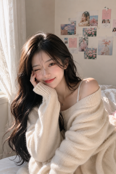 Woman with long dark hair winking in an off-shoulder sweater indoors