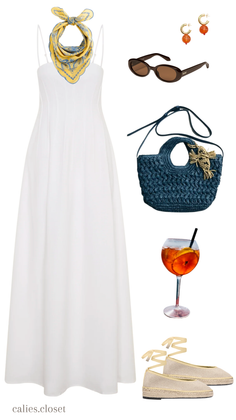 A white dress with a yellow scarf, sunglasses, straw bag, espadrille flats, and a cocktail