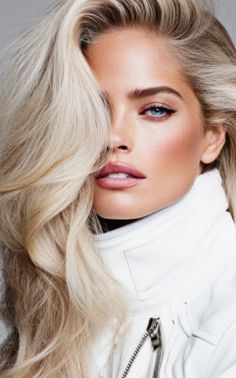 Woman with blonde hair and blue eyes wearing a white jacket