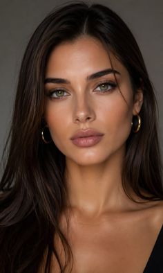 Woman with long dark hair and green eyes wearing gold hoop earrings
