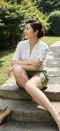 Woman in a white shirt and green skirt sitting outdoors on stone steps