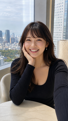 Woman with long hair in a black top smiling indoors with a cityscape view