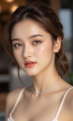 Woman with brown hair and a necklace, captured in a realistic portrait