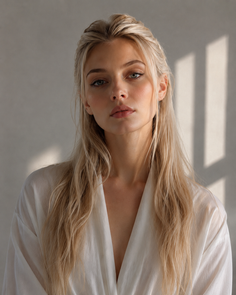 Woman with blonde hair in a white shirt with soft lighting and shadows