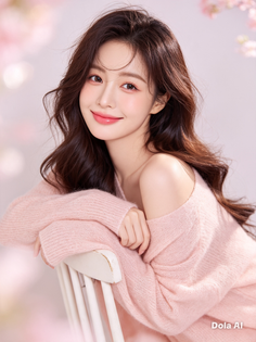 Woman with long wavy hair wearing a pink off-shoulder sweater, smiling at the camera