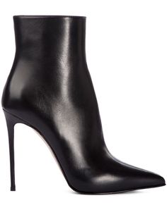 Black leather ankle boots with a stiletto heel and pointed toe
