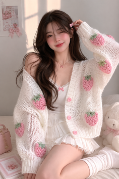 Woman in a white strawberry cardigan winking with soft lighting indoors
