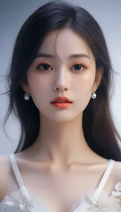 Woman with long black hair and pearl earrings in a white dress