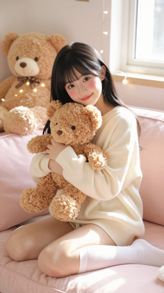 Woman with long dark hair holding a teddy bear on a pink couch
