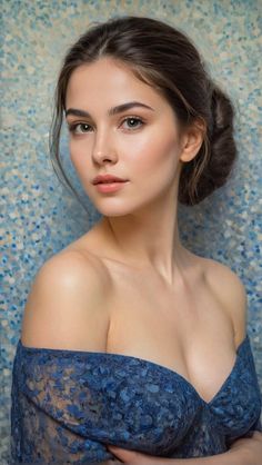 Woman with brown hair in an off-shoulder blue lace dress