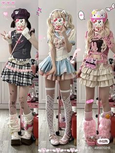 Three people in full body shots showcasing different kawaii fashion outfits