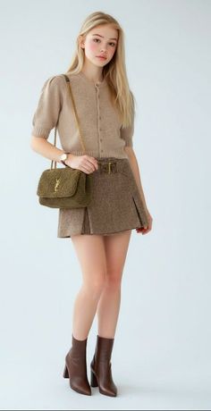 Blonde woman in a cardigan and mini skirt holding a shoulder bag