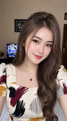 Woman with long brown hair wearing a patterned top and a red clover necklace