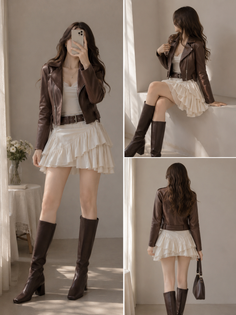 Woman in a brown leather jacket, ruffled skirt, and knee-high boots indoors