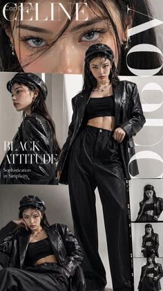 Woman in a black leather jacket and crop top in a fashion editorial