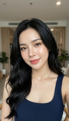 Woman with long black hair wearing a name necklace indoors