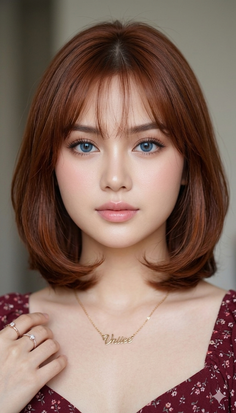 Woman with short brown hair and blue eyes wearing a floral print top