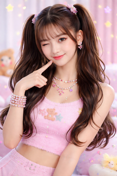 Woman with pigtails and pink top winking in a soft pink setting