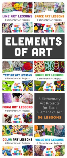 Collage of various elementary art projects and lesson titles for art education