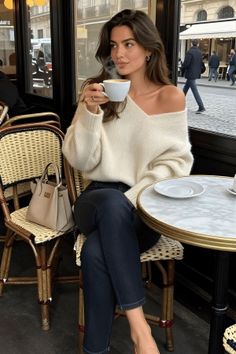 Woman in an off-shoulder sweater and jeans drinking coffee at an outdoor cafe