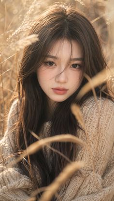 Woman with long brown hair wearing a sweater in a field at golden hour