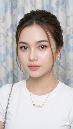 Woman with brown hair in an updo wearing a white t-shirt and gold necklace