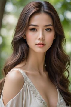 Woman with long brown hair in a white embroidered dress outdoors