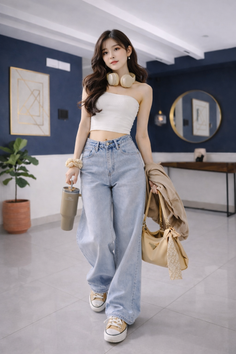 Woman in a white tube top and wide leg jeans with headphones around her neck