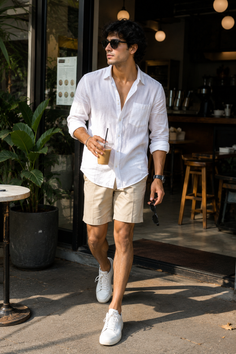 Man in a white shirt and khaki shorts holding an iced coffee outdoors