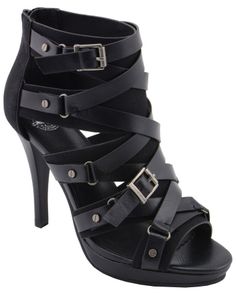 Black high heel shoe with multiple straps and buckles