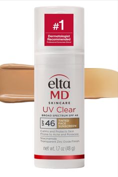 EltaMD UV Clear tinted face sunscreen bottle with swatches